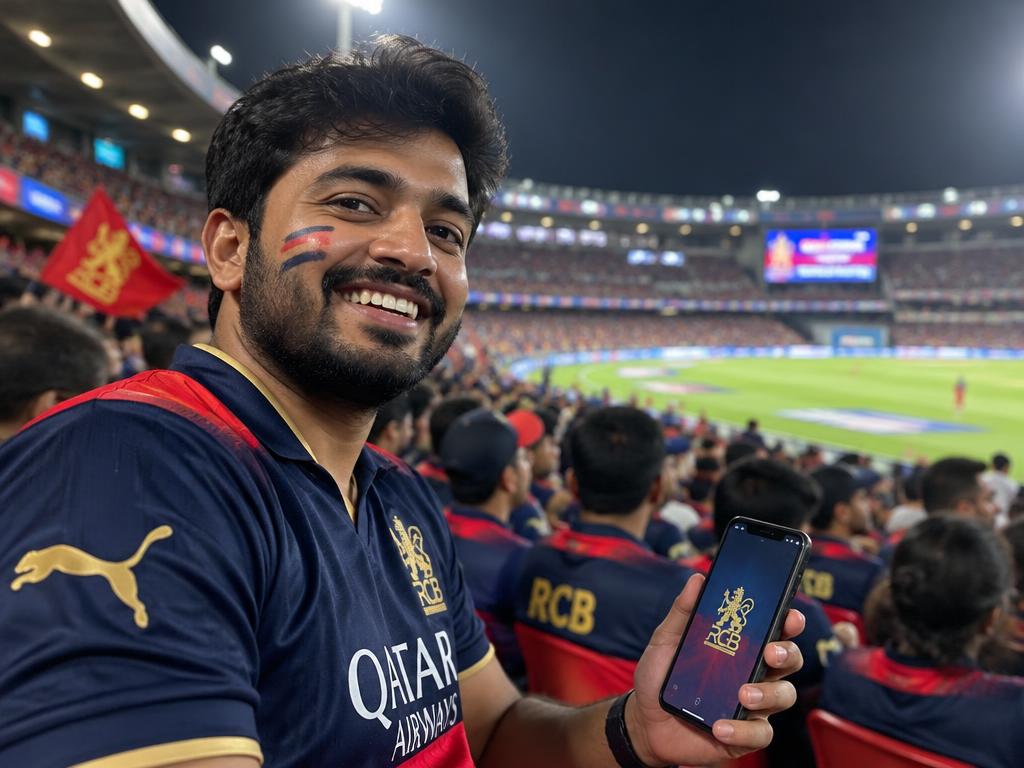 Cricket fan using an online cricket ID provider app in the stadium