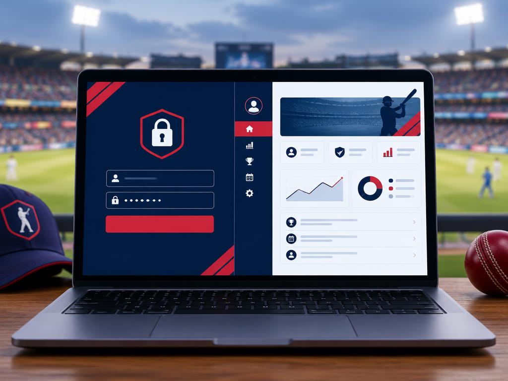 Cricket betting ID login page and account dashboard on a laptop