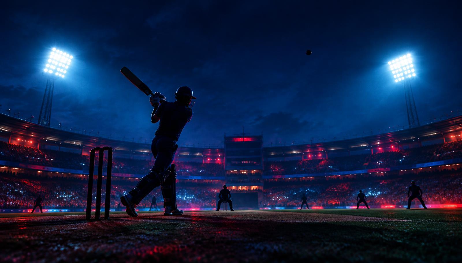 Cricket batsman playing a shot in a floodlit stadium - online cricket ID app